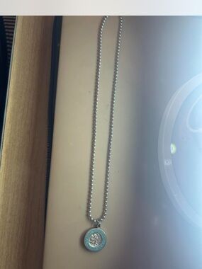St Christopher  Silver necklace with blue circular pendant #tree #pendant